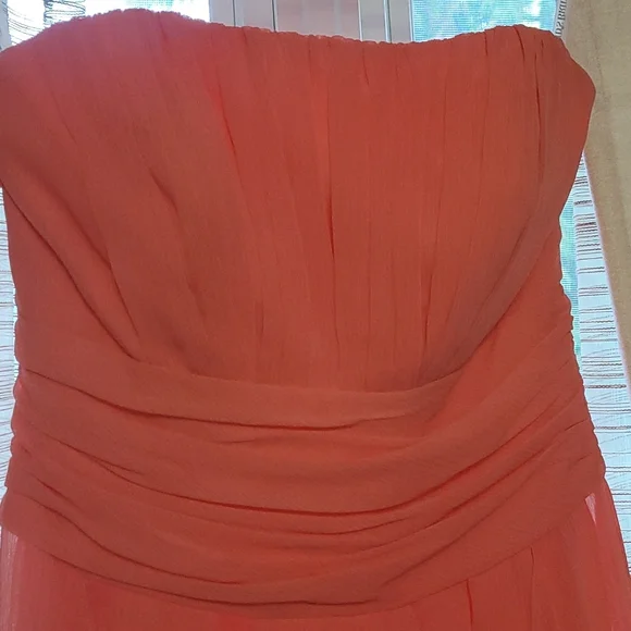 Strapless Chiffon Dress with layered skirt, style no. F14169 size 2 color: Coral - Picture 2 of 5